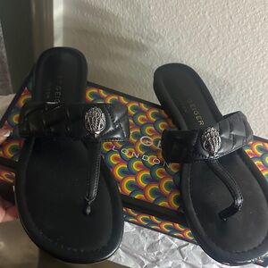 Kurt Geiger Black Leather Sandals with Silver Accent